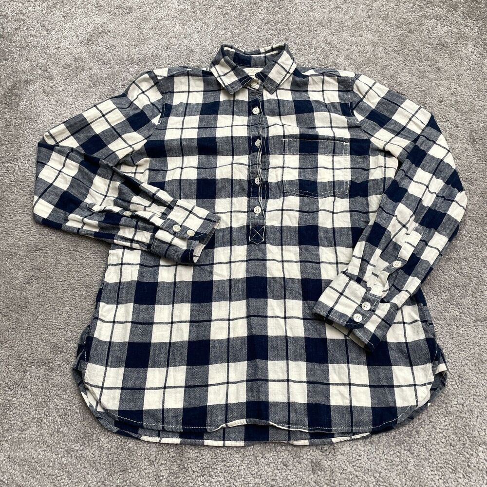 J.Crew Shirt Women XXS Blue White Plaid Half Button Up Long Sleeve Cotton Casual